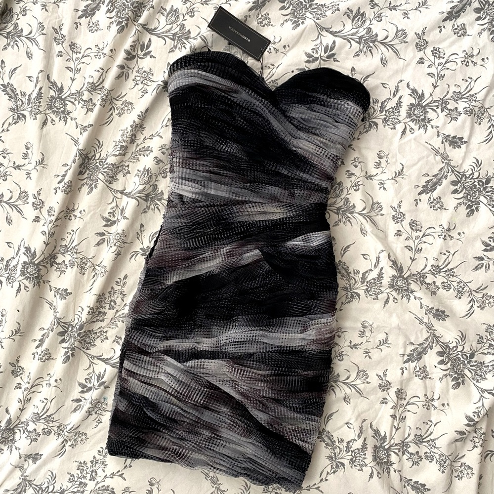 BCBG MAXAZRIA Winnie Black Combo Ruched Mesh Mini Dress Size 0 NWT